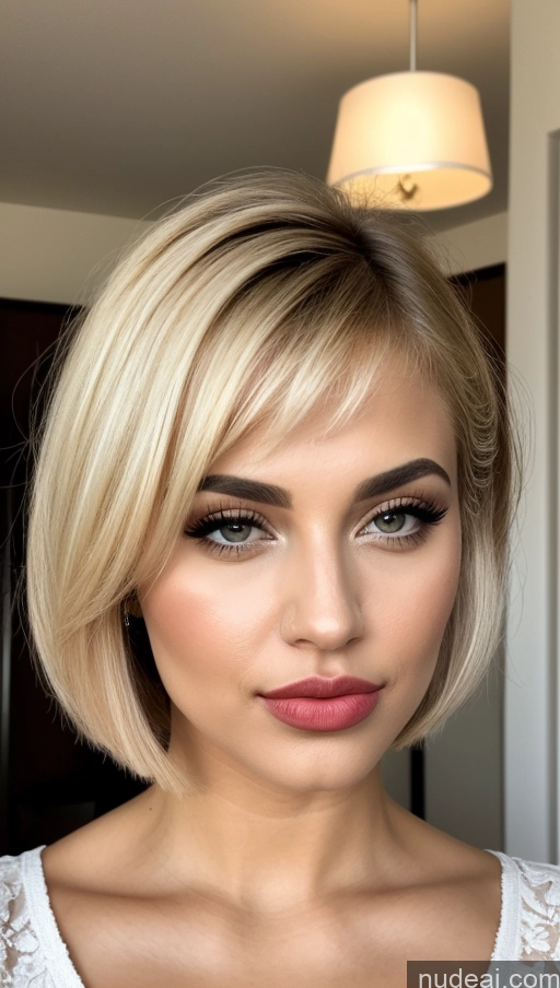 ai nude image of a close up of a woman with a short blond bob with a pink lip pics of Short Hair Arabic Blonde Blouse One Woman Pouting Lips Bright Lighting