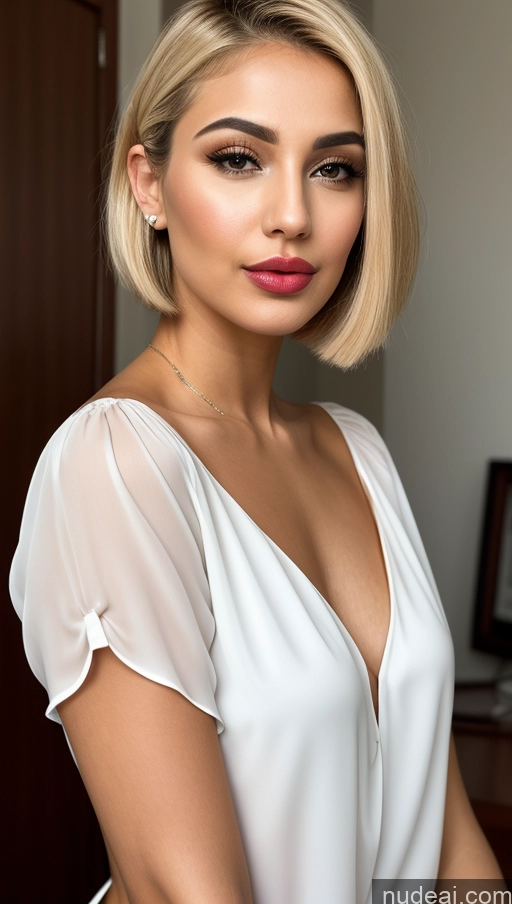 ai nude image of blond woman with short hair and white blouse posing for a picture pics of Short Hair Arabic Blonde Blouse One Woman Pouting Lips Bright Lighting Detailed