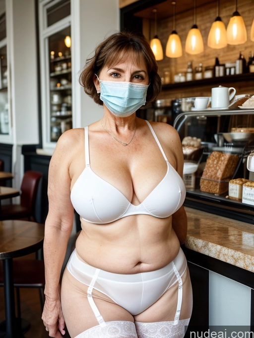 ai nude image of araffe woman in a white bra and mask standing in front of a counter pics of Milf Small Tits Short Chubby Big Ass Big Hips Fairer Skin Pubic Hair Brunette Serious Bobcut Hungarian Soft + Warm Detailed 80s Eating Cafe Face Mask Stockings