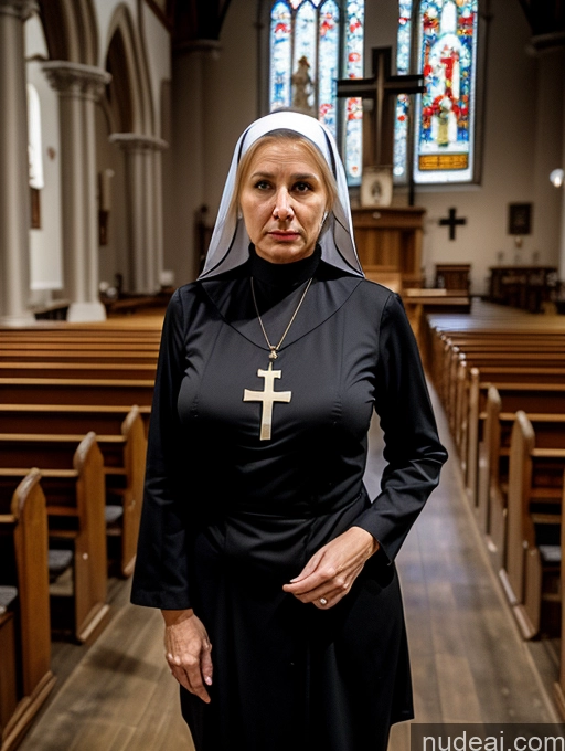 ai nude image of nun in black dress standing in church with cross on shoulder pics of Milf One Front View Dark Lighting Busty Long Legs Blonde Ponytail Nun Church British 50s Shocked