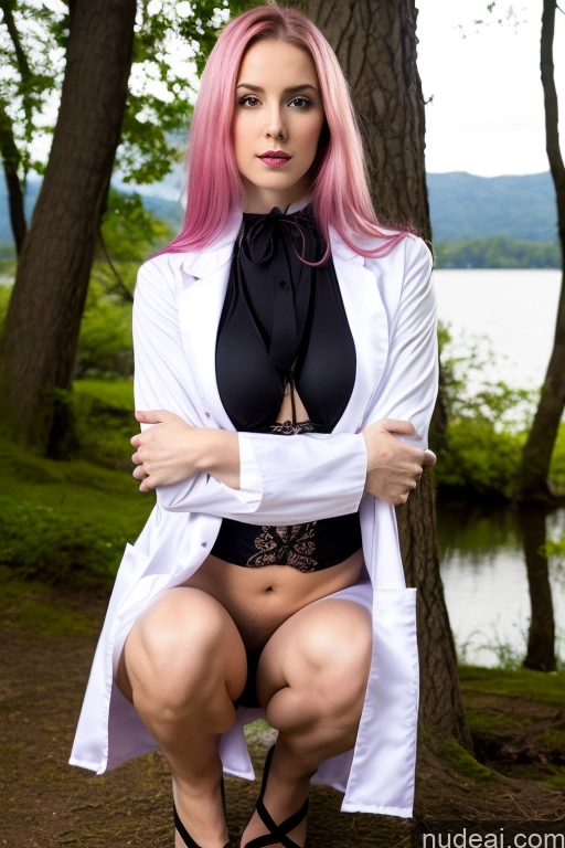 ai nude image of there is a woman with pink hair posing in a white coat pics of Woman One Skinny Fairer Skin Big Ass Trans Girl With Erect Penis 20s Seductive Pink Hair Slicked White Crisp Anime Vampire Detailed Big Hips Squatting Lake Lab Coat