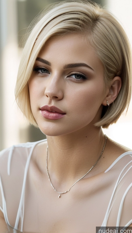 ai nude image of blond woman with short hair wearing a white top and a necklace pics of Short Hair Wet T-Shirt Blonde Pouting Lips