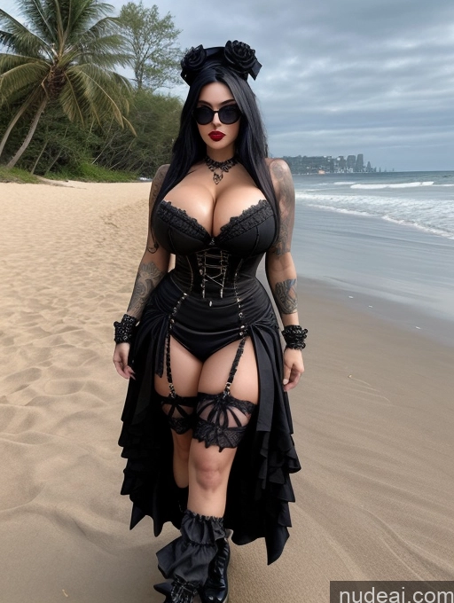 ai nude image of araffe woman in a black corset and black lingerie on a beach pics of Busty Huge Boobs Sunglasses Muscular Big Ass Abs Big Hips Tattoos 20s Seductive Sexy Face Black Hair Swedish Beach Bikini Goth Miss Universe Model Vampire Victorian Goth Gals V1