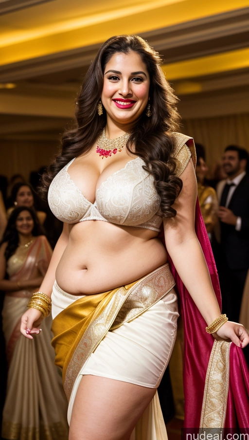 ai nude image of araffe woman in a sari and gold jewelry posing for a picture pics of Milf Busty Beautiful Lipstick Chubby Thick Big Hips 20s Happy Seductive Brunette Long Hair Russian Party Front View Sari Cleavage Diamond Jewelry Gold Jewelry Bright Lighting Detailed Fairer Skin Jumping