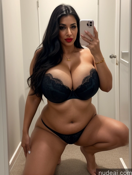 ai nude image of araffe woman in a black bra top taking a selfie in a mirror pics of Milf Busty Huge Boobs Lipstick Beautiful Fairer Skin Big Ass Big Hips 50s Seductive Shocked Pouting Lips Black Hair Long Hair Indian Changing Room Front View Squatting Bra Panties Jewelry Gold Jewelry Bright Lighting Detailed