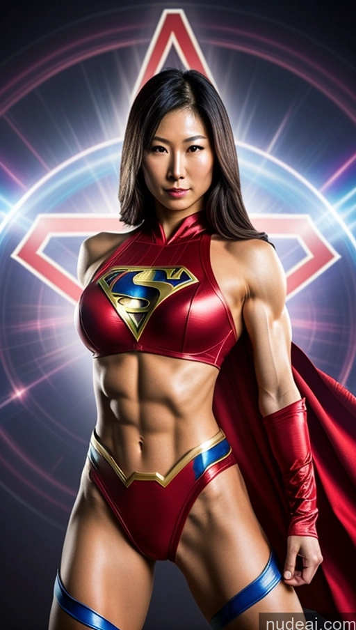 ai nude image of a woman in a red and blue costume posing for a picture pics of Japanese Superhero Abs Powering Up Muscular Superheroine Perfect Boobs