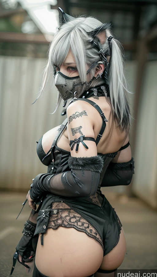 ai nude image of there is a woman with a mask and a leather outfit pics of Close-up View Goth Gals V2 Dangerous Beast Cosplay Straddling Busty Perfect Boobs White Hair Face Mask Spread_legs, Pussy, Split_legs Gothic Punk Girl