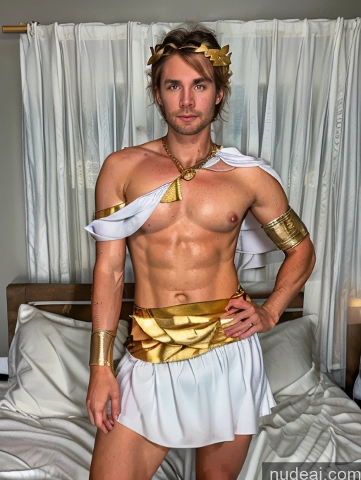 ai nude image of arafed man in a costume standing on a bed with a white sheet pics of Abs Perfect Body Oiled Body 20s Messy Scandinavian Detailed Menstoga, White Robes, In White And Gold Costumem, Gold Headpiece, Gold Belt, Gold Chain Woman