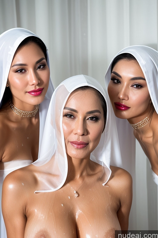 ai nude image of three women in white robes are posing for a picture pics of Miss Universe Model Lipstick Oiled Body 60s White Hair Vietnamese Cumshot Pearl Jewelry Transparent Partially Nude Nun Sexy Face