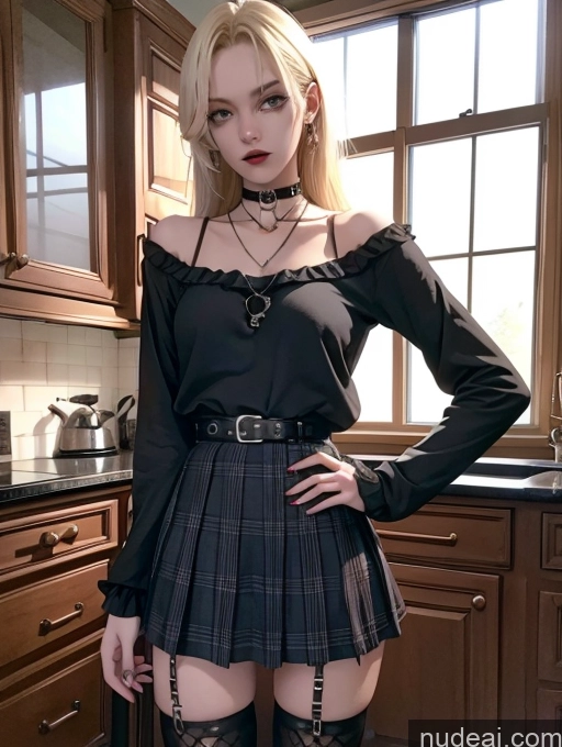 ai nude image of arafed woman in a black top and skirt posing in a kitchen pics of Detailed Choker 18 Perfect Body Tall Long Legs Skinny Small Ass Beautiful Small Tits Punk Skirt Dark Lighting Kitchen Model Long Hair Blonde Angst Bending Over Thigh Socks