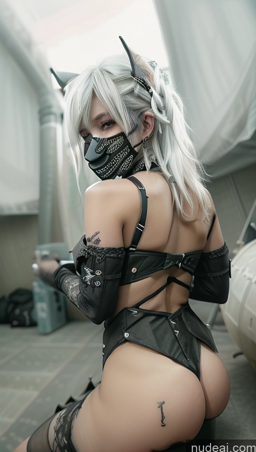 ai nude image of blond haired woman in black lingerie with mask and stockings pics of Close-up View Goth Gals V2 Dangerous Beast Cosplay Straddling Busty Perfect Boobs White Hair Face Mask Spread_legs, Pussy, Split_legs Gothic Punk Girl Bimbo