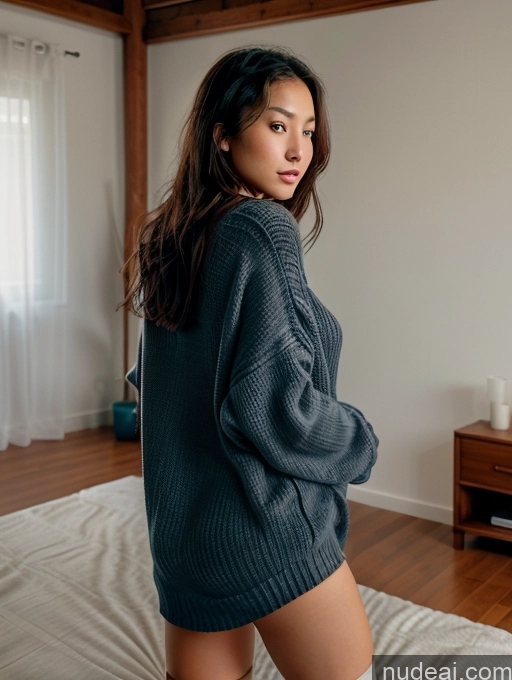 One Woman Perfect Body 18 Sexy Face Brunette Japanese Bedroom Fellatio (Side View) Oversized Sweater/Hoodie Thigh Socks