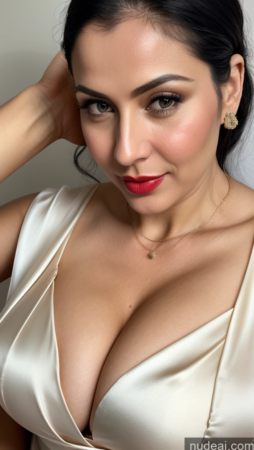 related ai porn images free for Woman One Huge Boobs Beautiful Lipstick Fairer Skin 40s Black Hair Slicked Close-up View Detailed Simple Sari Cleavage White