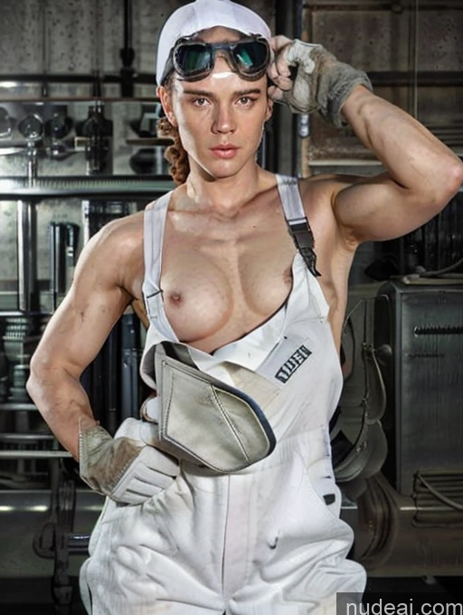 Perfect Body Perfect Boobs White Mechanicoveralls, Naked Overalls, Gloves, Goggles On Head, Baseball Cap, Backwards Hat,