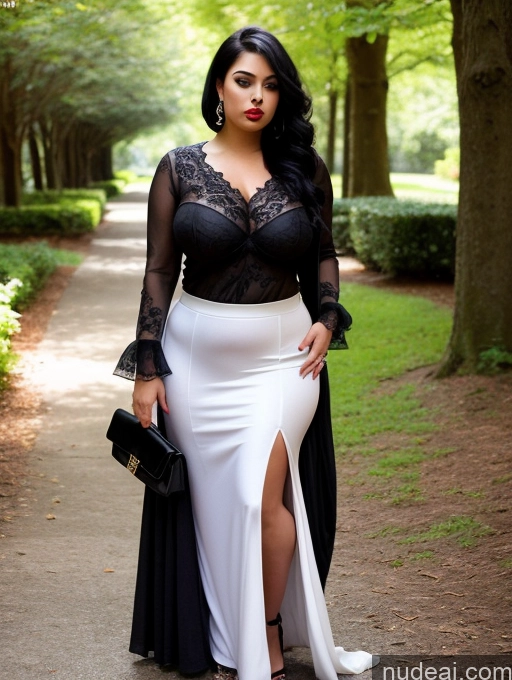 ai nude image of a woman in a black and white dress standing on a path pics of Woman Big Ass Thick Big Hips 20s Black Hair Alternative Detailed Seductive Pouting Lips Pixie Goth Long Skirt