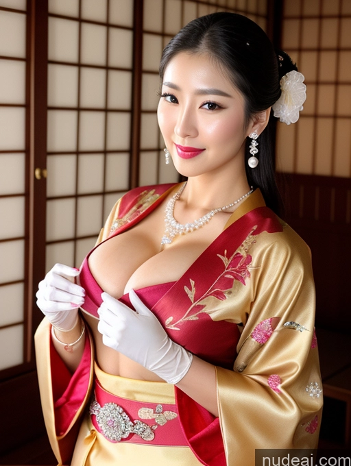 ai nude image of araffe asian woman in a kimono dress and white gloves pics of Busty Perfect Boobs Lipstick Big Hips Perfect Body Oiled Body Onsen Gloves Kimono Traditional Jewelry Pearl Jewelry Muscular Long Legs Sexy Face Diamond Jewelry Straight Korean