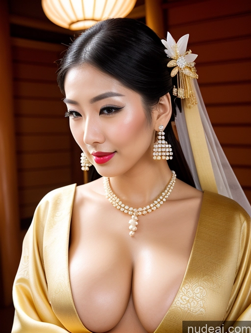 ai nude image of araffe asian woman in a gold dress with a veil and pearls pics of Busty Perfect Boobs Lipstick Big Hips Perfect Body Oiled Body Onsen Gloves Kimono Traditional Jewelry Pearl Jewelry Muscular Long Legs Sexy Face Diamond Jewelry Slicked Japanese Gold Jewelry