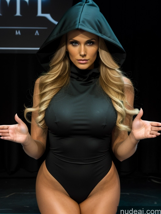 ai nude image of araffe woman in a black bodysuit with a hood on pics of Miss Universe Model Perfect Boobs FairArguementBut Big Hips Perfect Body 20s Blonde Stage Cultist Hood Prayhands, Interlocked Fingers, Own Hands Together