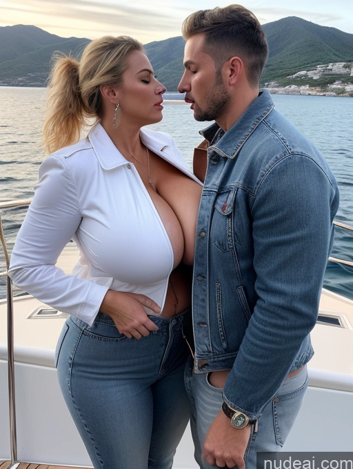 ai nude image of araffes are posing on a boat with a man and woman pics of One Busty Huge Boobs Perfect Boobs Beautiful Big Ass Thick Big Hips Perfect Body Blonde Hair Bun Yacht 40s Jeans Jacket Blowjob Woman + Man