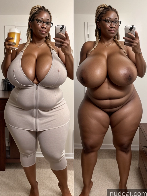 ai nude image of there are two pictures of a woman with big breasts taking a selfie pics of Milf Huge Boobs Perfect Boobs Big Ass Thick Big Hips Dark Skin Glasses Beautiful 60s Orgasm Sexy Face Blonde Braided Black Mirror Selfie Bedroom Front View Cumshot Nude Topless Beer Bright Lighting Onoff