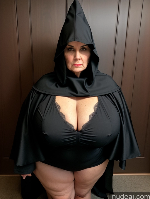 Milf 70s Huge Boobs Big Ass Big Hips Angry Pouting Lips White Hair Witch Goth Cultist Hood Partially Nude T-pose