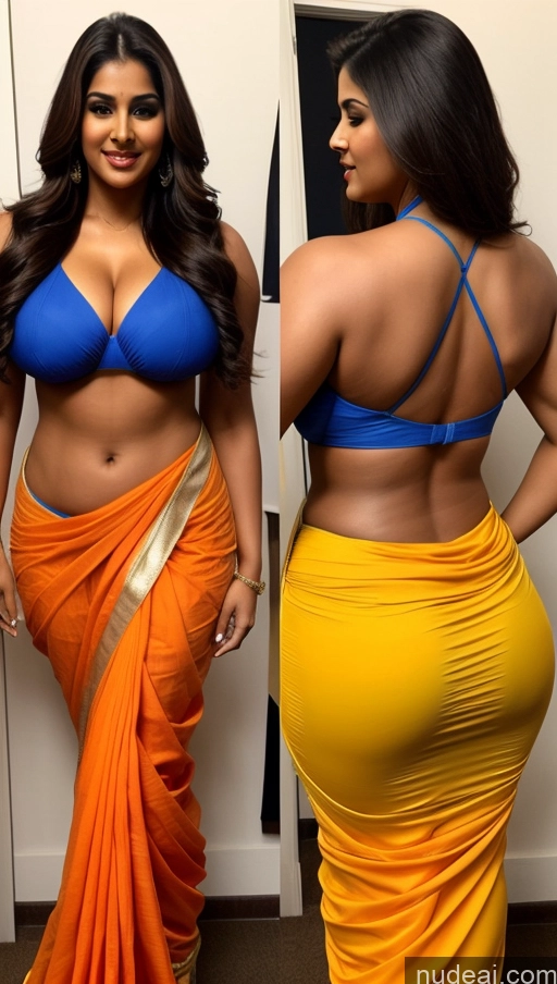 ai nude image of a close up of a woman in a blue and orange sari pics of Miss Universe Model Big Ass Abs Thick Chubby Big Hips Indian Sexy Face Huge Boobs Back View Salwar Sari Sunglasses