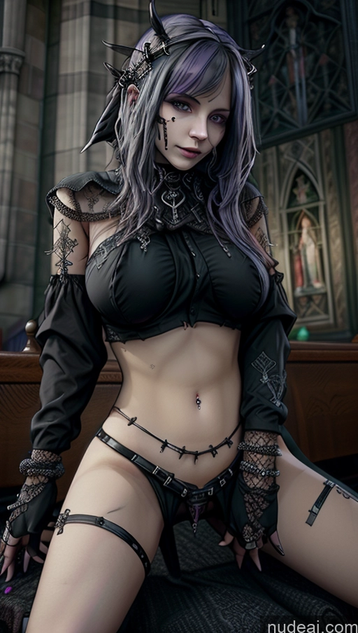 ai nude image of arafed woman in a black outfit posing in front of a church pics of Busty Perfect Boobs Spread_legs, Pussy, Split_legs Gothic Punk Girl Close-up View Straddling Purple Hair Elf Outfit/Elf Bikini Milf Goth Church