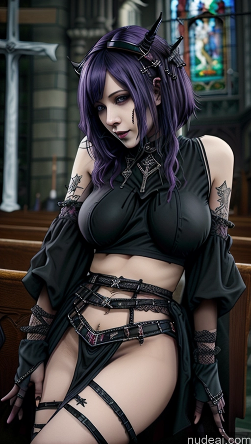 ai nude image of araffe dressed in a gothic outfit posing for a picture pics of Busty Perfect Boobs Spread_legs, Pussy, Split_legs Gothic Punk Girl Close-up View Straddling Purple Hair Elf Outfit/Elf Bikini Milf Goth Church