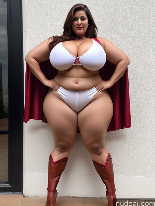 ai nude image of araffe woman in a white bikini and red cape posing for a picture pics of Huge Boobs Lipstick Big Ass Abs Chubby Fairer Skin Indian Superhero Partially Nude