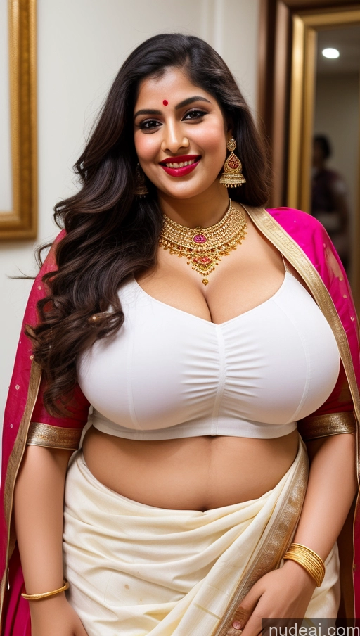 ai nude image of a close up of a woman in a white sari and gold jewelry pics of Big Ass Abs Chubby Fairer Skin Long Hair Lipstick Huge Boobs Busty Indian Happy Traditional Gold Jewelry Salwar Sari