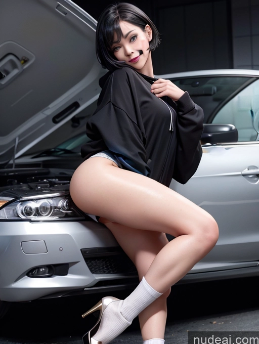 ai nude image of araffe posing on the hood of a car with a hood up pics of Model One Skinny 18 Black Hair Short Hair Japanese Car High Heels High Socks Panties Naked Hoodie 裸体卫衣 Happy