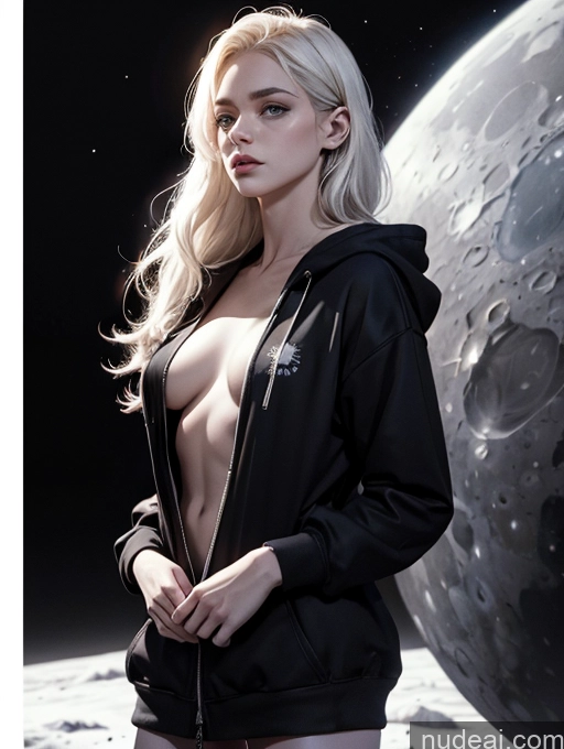 ai nude image of blond woman in a black hoodie posing in front of a moon pics of Athlete Skinny Small Tits Scandinavian Fairer Skin 18 Serious Pubic Hair White Hair Long Hair Stargazing Moon Naked Hoodie 裸体卫衣