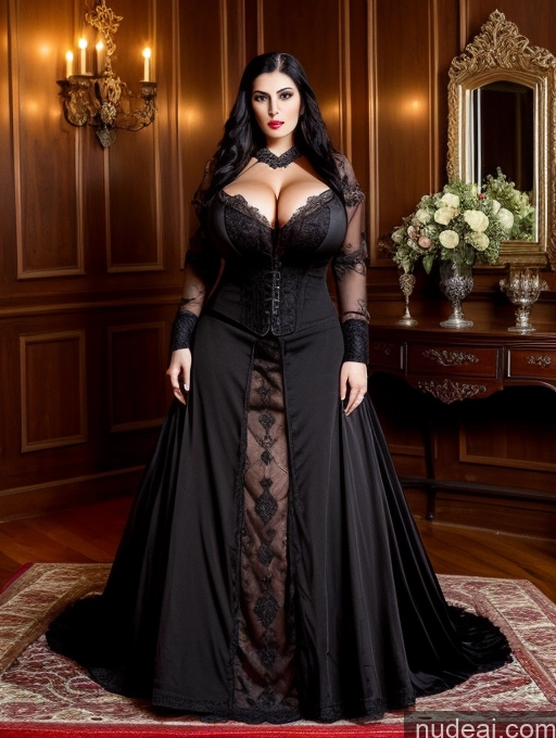 ai nude image of a woman in a black dress posing for a picture in a room pics of Model Busty Huge Boobs Muscular Big Ass Abs Big Hips Huge Tits, Hard Nipples 20s Seductive Sexy Face Black Hair Goth Vampire Victorian German Wedding Victorian Parlor