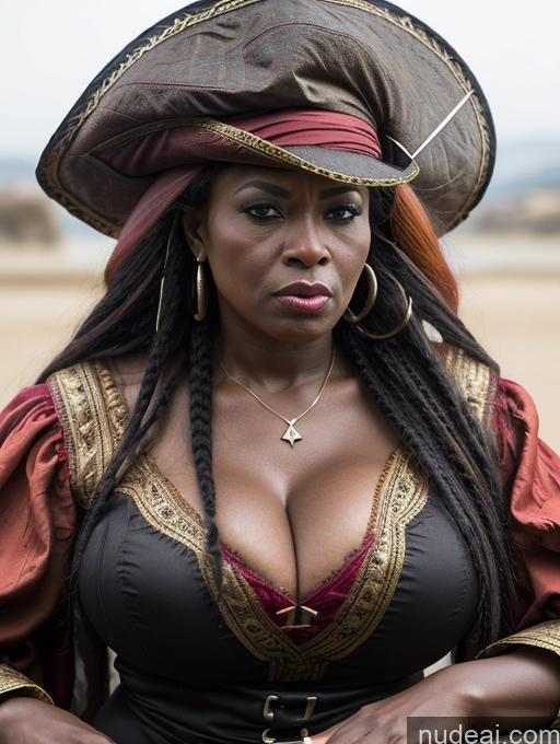 ai nude image of there is a woman in a pirate costume posing for a picture pics of Dark Skin Black Hair Ethiopian Plank Pirate Milf Huge Boobs Big Ass Big Hips 50s Angry Pouting Lips Medieval French Musketeer Dress Dynamic View