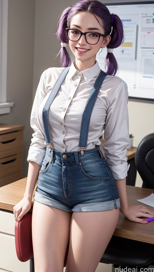 related ai porn images free for Beautiful Glasses Skinny Short Fairer Skin 18 Laughing Purple Hair Pigtails White Office Shirt Suspender Belt Boots Short Shorts