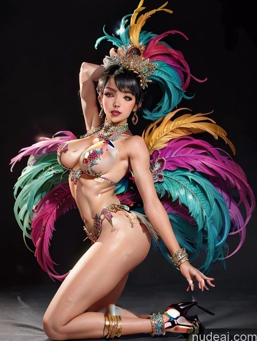 ai nude image of araffe woman in a colorful costume posing for a picture pics of Model One Skinny 18 Black Hair Pixie Japanese Perfect Boobs High Heels Dance Dress: Samba Front View