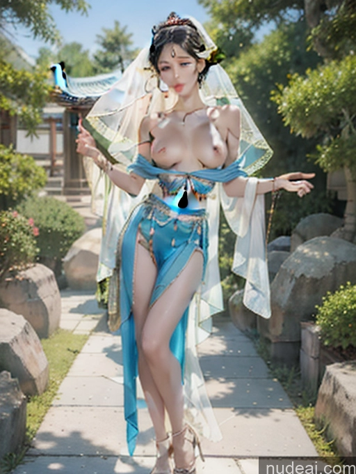 ai nude image of woman in oriental costume posing on sidewalk with umbrella and dress pics of Model One Perfect Boobs Skinny Black Hair Pixie Japanese High Heels China Goddess Fashion Flashing Tits #2