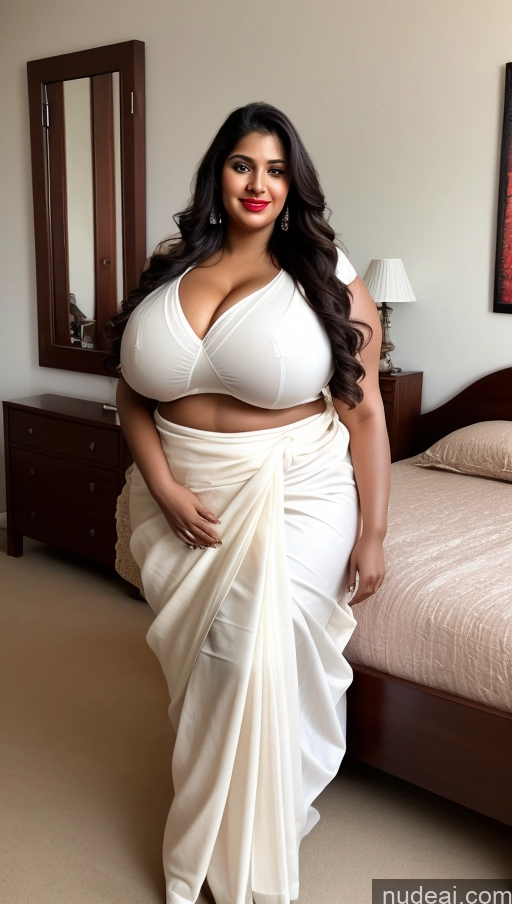 ai nude image of araffe woman in a white sari posing in a bedroom pics of Huge Boobs Big Ass Lipstick Abs Chubby Fairer Skin Long Hair Front View Bedroom Sari