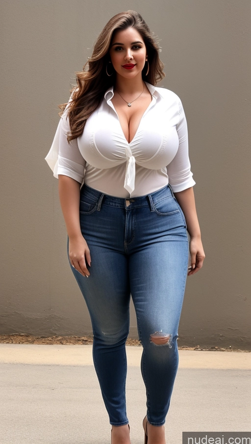 ai nude image of araffe woman in a white shirt and jeans posing for a picture pics of Huge Boobs Big Ass Abs Chubby Lipstick Fairer Skin Long Hair Indian Blouse Jeans