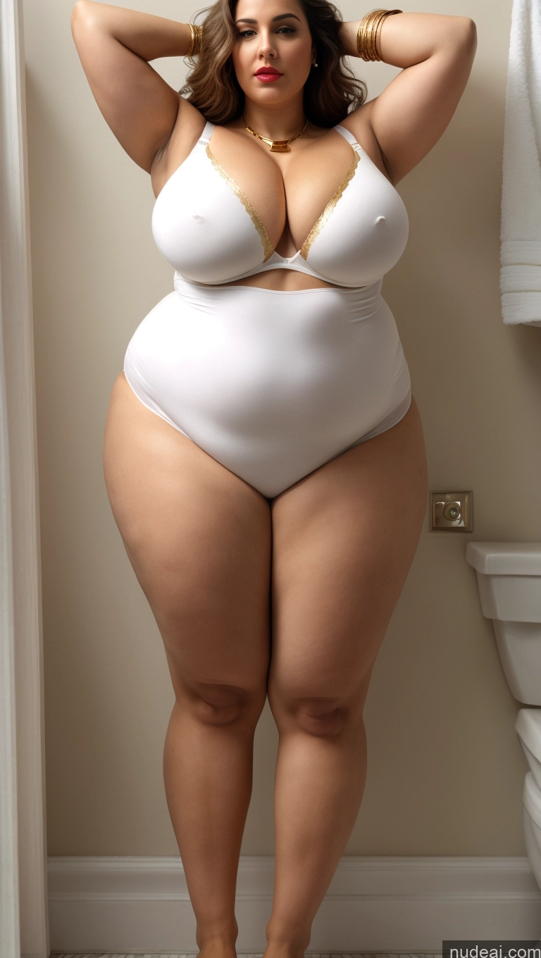 ai nude image of araffe woman in a white bodysuit posing in a bathroom pics of Huge Boobs Big Ass Abs Chubby Fairer Skin Long Hair Lipstick T-pose Bathroom Gold Jewelry Bra Front View Indian