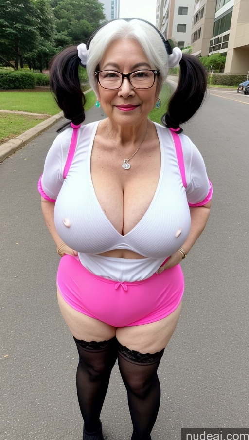 ai nude image of araffe woman in a pink outfit posing for a picture pics of Milf Busty Perfect Boobs Beautiful Big Ass Glasses Pubic Hair Fairer Skin 60s Black Hair One Asian Pigtails Cosplay