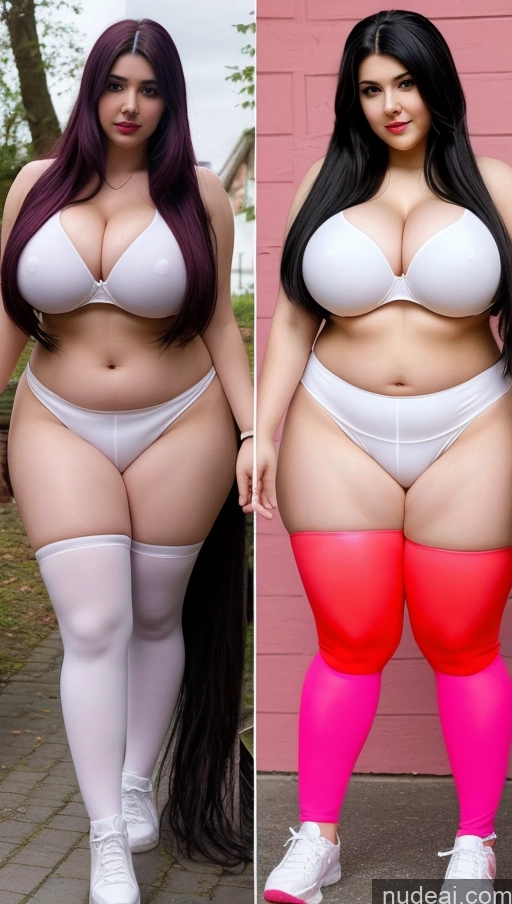 ai nude image of two pictures of a woman in tights and a bra top pics of Huge Boobs Big Ass Lipstick Abs Chubby Fairer Skin 18 Black Hair Long Hair Indian Cosplay