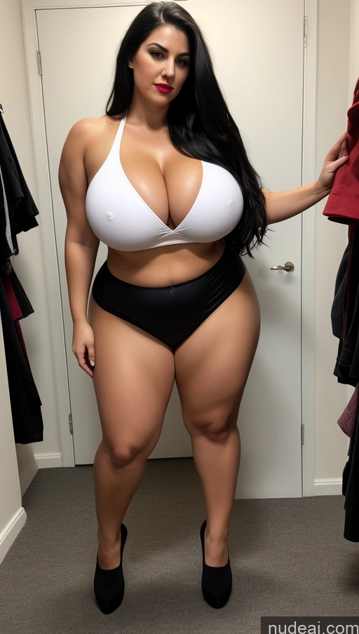 ai nude image of araffe woman in a white bra top and black high waisted panties pics of Huge Boobs Lipstick Big Ass Abs Chubby Fairer Skin Black Hair Long Hair Front View T-pose Changing Room Devil