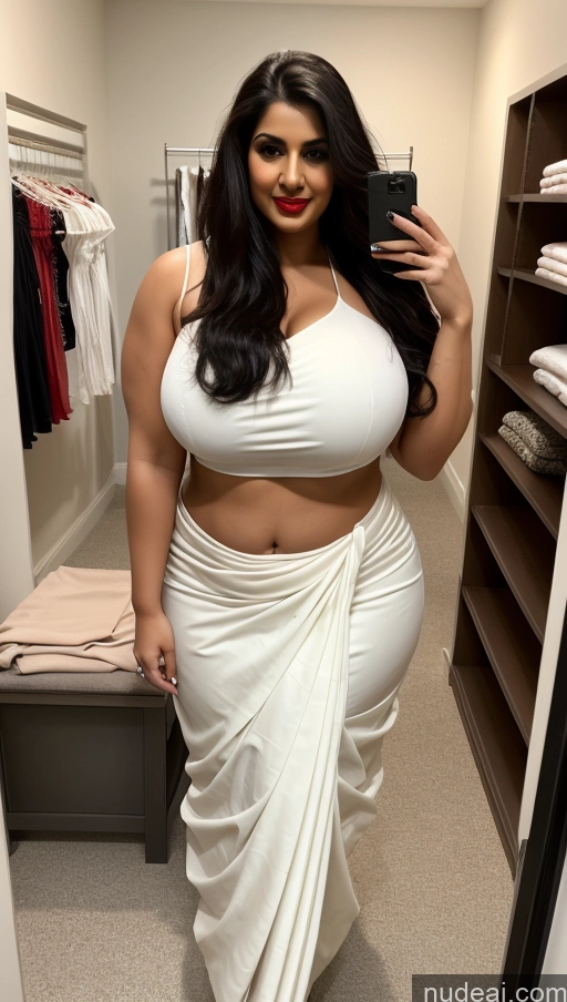 ai nude image of araffe woman in a white dress taking a selfie in a closet pics of Huge Boobs Lipstick Big Ass Abs Chubby Fairer Skin Black Hair Long Hair Front View Changing Room Sari