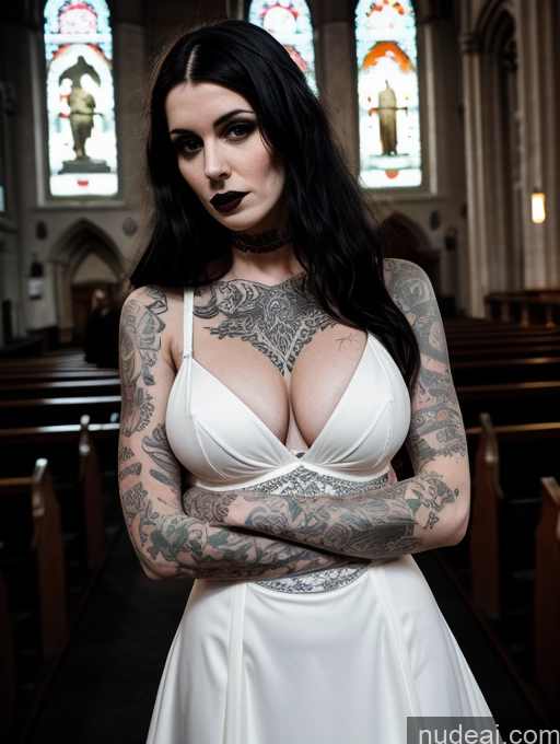 ai nude image of arafed woman with tattoos and a white dress in a church pics of Perfect Boobs Tattoos Pubic Hair Long Hair Fairer Skin Serious Black Hair Church Goth Wedding