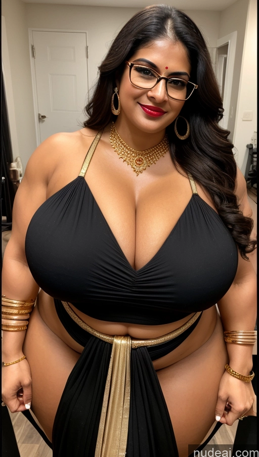 ai nude image of araffe woman in a black dress and glasses posing for a picture pics of Huge Boobs Lipstick Muscular Big Ass Abs Chubby Fairer Skin Black Hair Long Hair Indian Sari Glasses Gold Jewelry Working Out