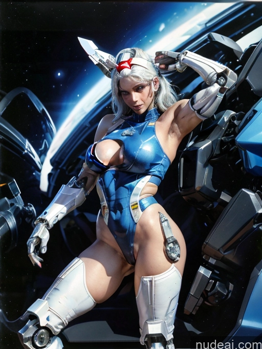 ai nude image of arafed woman in a blue suit posing in front of a spaceship pics of White Hair Perfect Boobs Busty Alternative Cyberpunk Spreading Legs CARDOGGY Cyborg SuperMecha: A-Mecha Musume A素体机娘 Muscular One Piece Swimsuit Sci-fi Armor Space Suit Powering Up Dark Lighting Diamond Jewelry