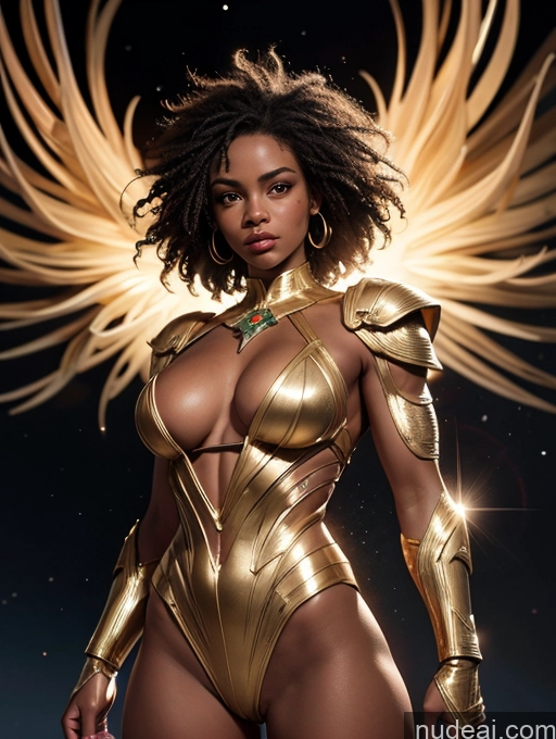 ai nude image of arafed woman in a gold bodysuit with wings on her shoulders pics of Muscular Messy Black Dark Skin Powering Up Gold Jewelry Partially Nude Superhero Sci-fi Armor 18 Cleavage Transparent Small Tits Bodybuilder Serious Stargazing Alternative Bright Lighting