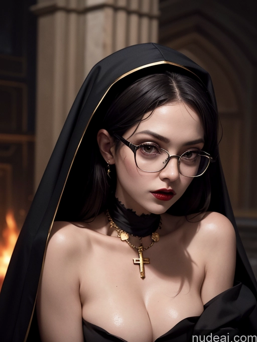 ai nude image of arafed woman in a black dress and glasses with a cross on her chest pics of 50s Goth Nun Perfect Body Pubic Hair Close-up View Shocked Dark_Fantasy_Style Skinny Small Tits Glasses Dark Lighting Victorian Devil Hell Alternative Two Fur Topless Gold Jewelry