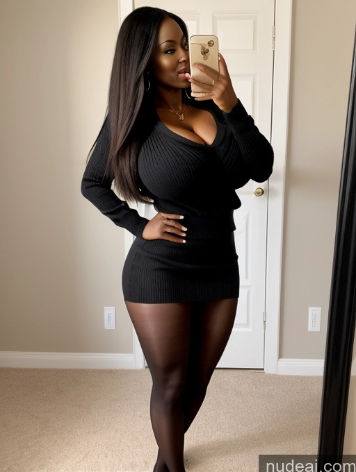 ai nude image of there is a woman taking a selfie in a black dress pics of Woman Perfect Boobs Big Ass Big Hips Perfect Body 30s Black Hair Long Hair African Mini Skirt Pantyhose Cleavage Sweater Huge Boobs Side View